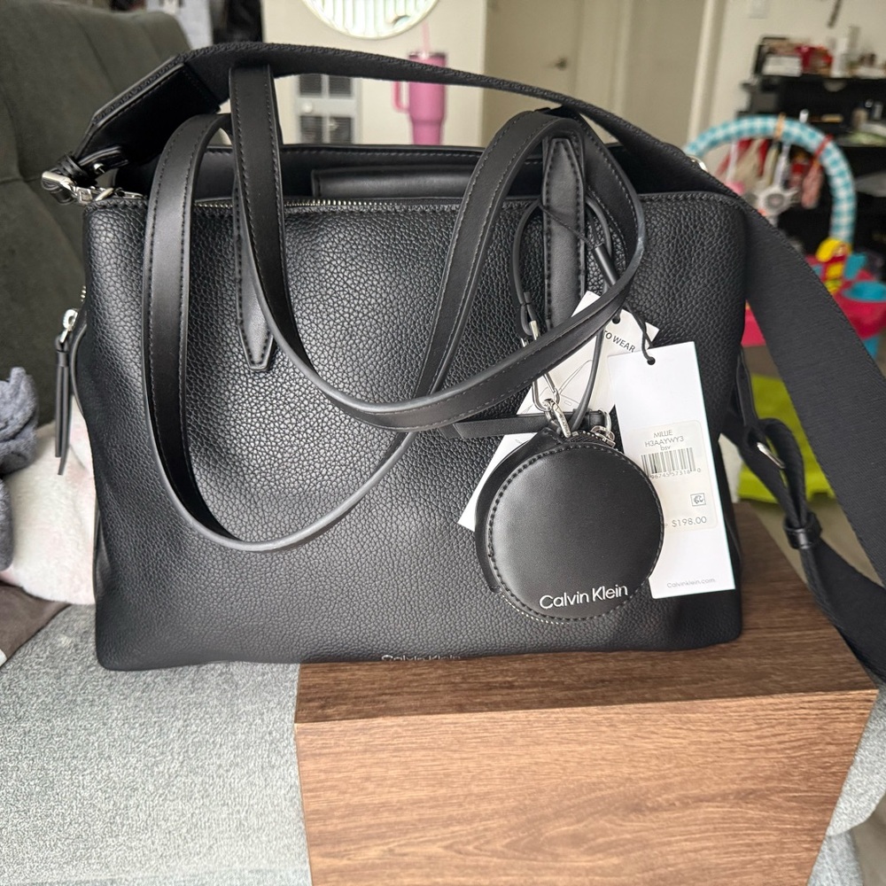 Calvin Klein Black Leather Shoulder Bag with Silver Hardware